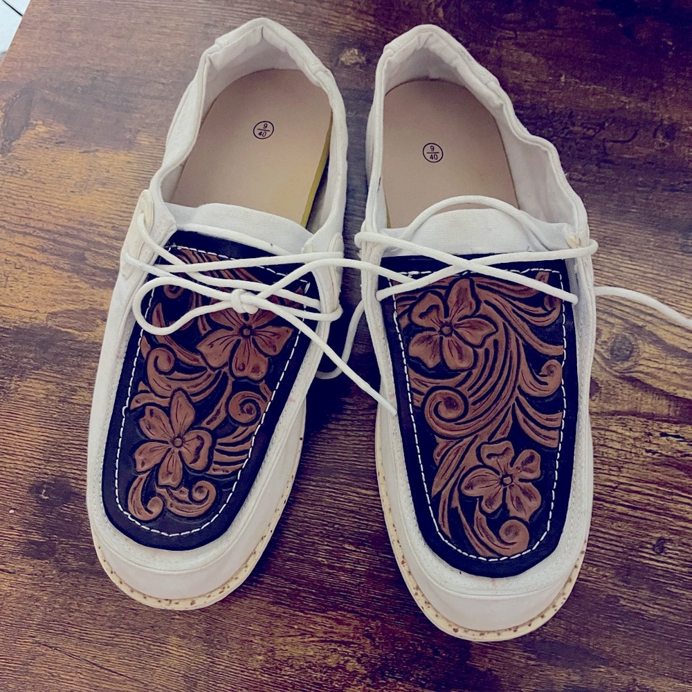 Custom leather tooled - Burno Marc (like Hey Dudes) shoes - size 9